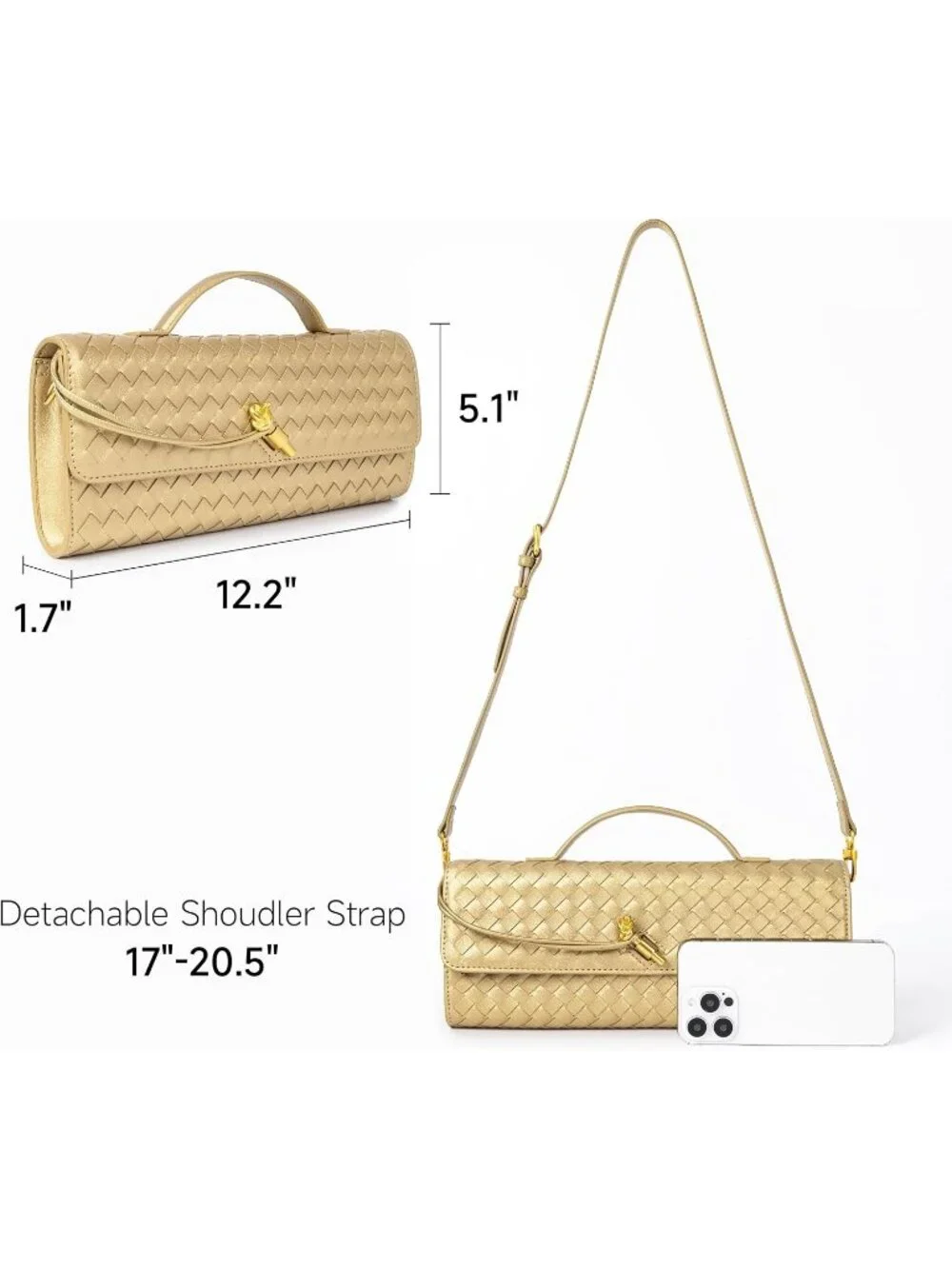 Women Gold Woven Vegan Leather Clutch Purse Formal Evening Crossbody Bag